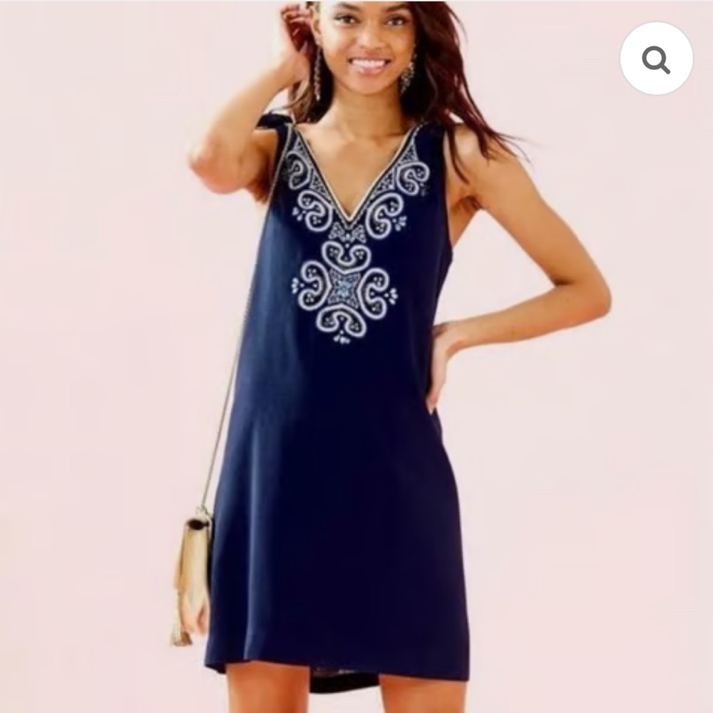 Lilly Pulitzer Navy Dress with Gold and Blue Embroidery